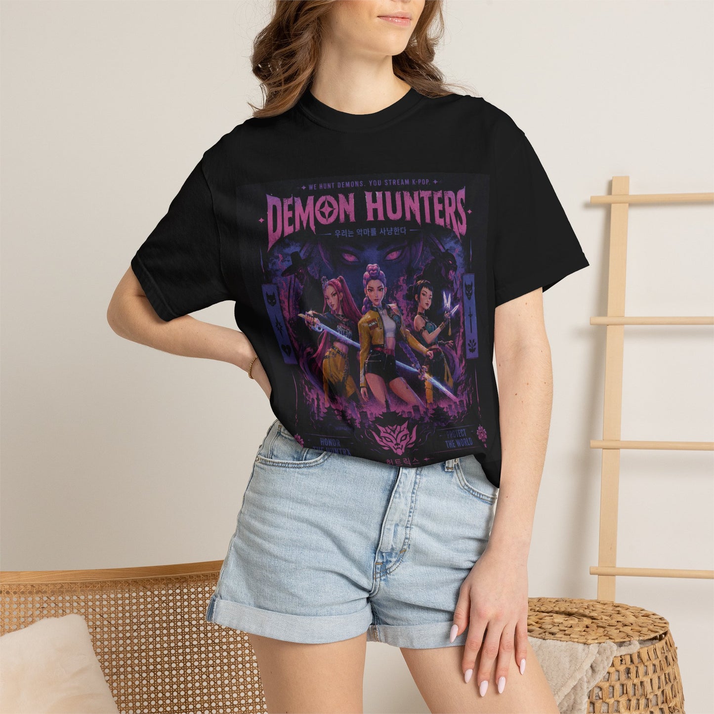 Demon Hunters poster art T-Shirt | Retro anime style, purple neon