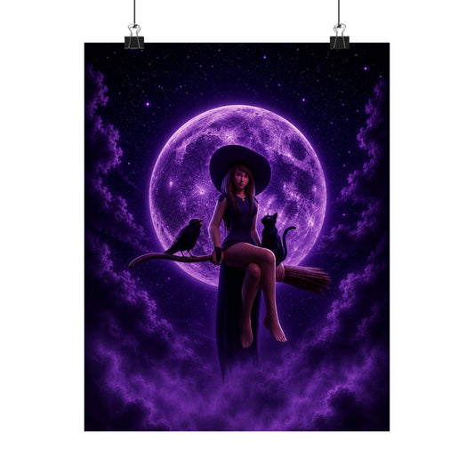 Purple Witch on Broom Poster | Matte Vertical Poster, Moonlit Cat & Raven