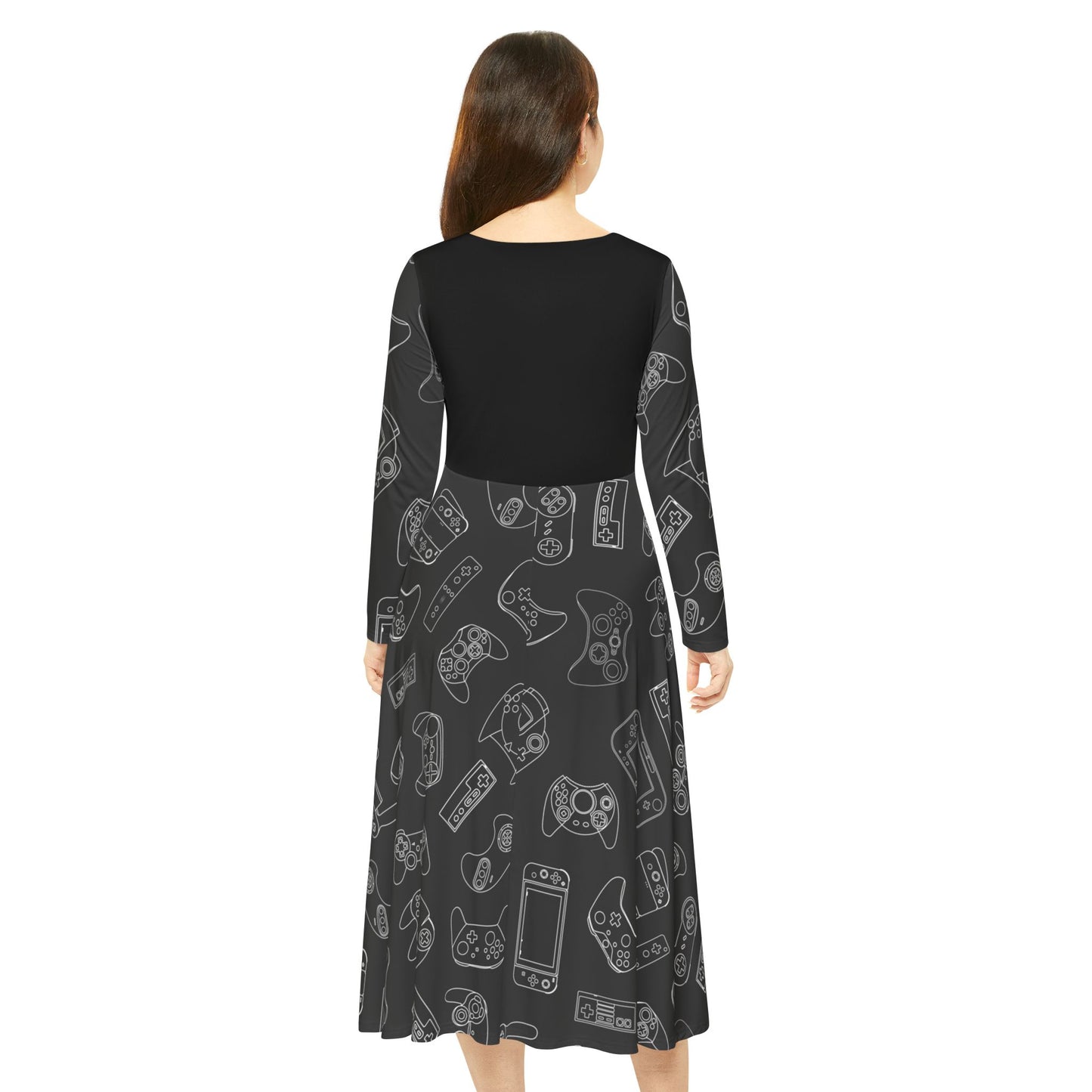 Video Game Controllers Pattern Women's Long Sleeve Dress | Gamer Console Print