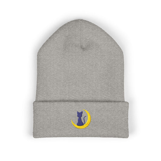 Cat on Crescent Moon Beanie, Embroidered Cuffed Beanie