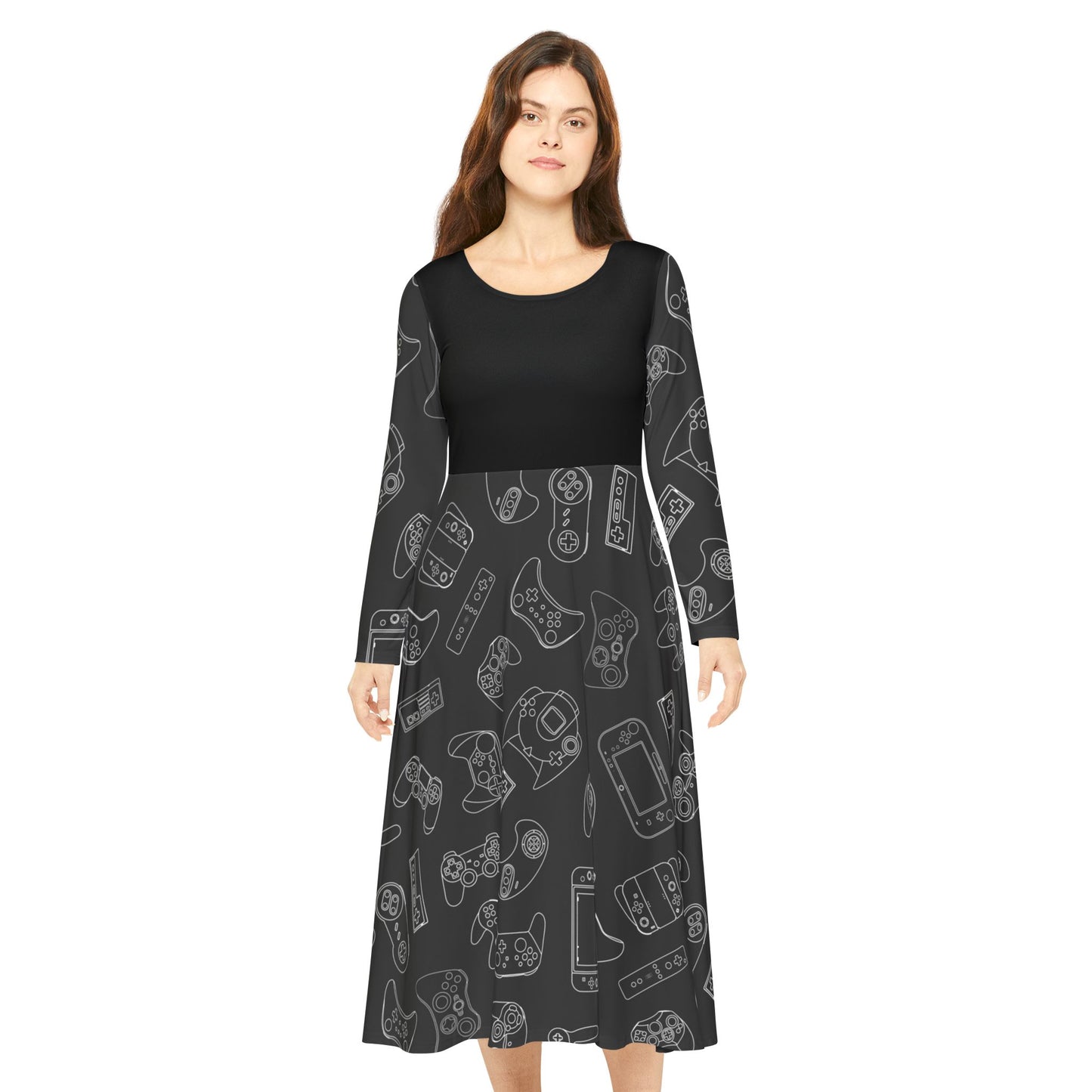 Video Game Controllers Pattern Women's Long Sleeve Dress | Gamer Console Print
