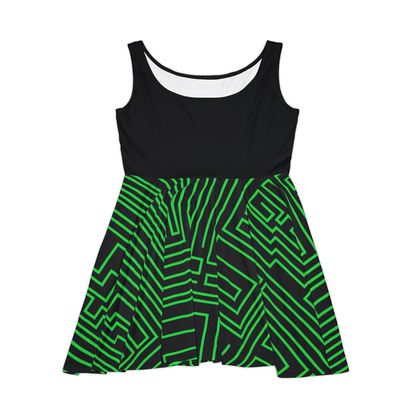 Green Geometric Maze Pattern Women's Skater Dress | Abstract Line Print