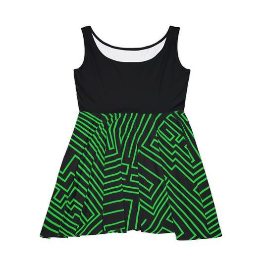 Green Geometric Maze Pattern Women's Skater Dress | Abstract Line Print