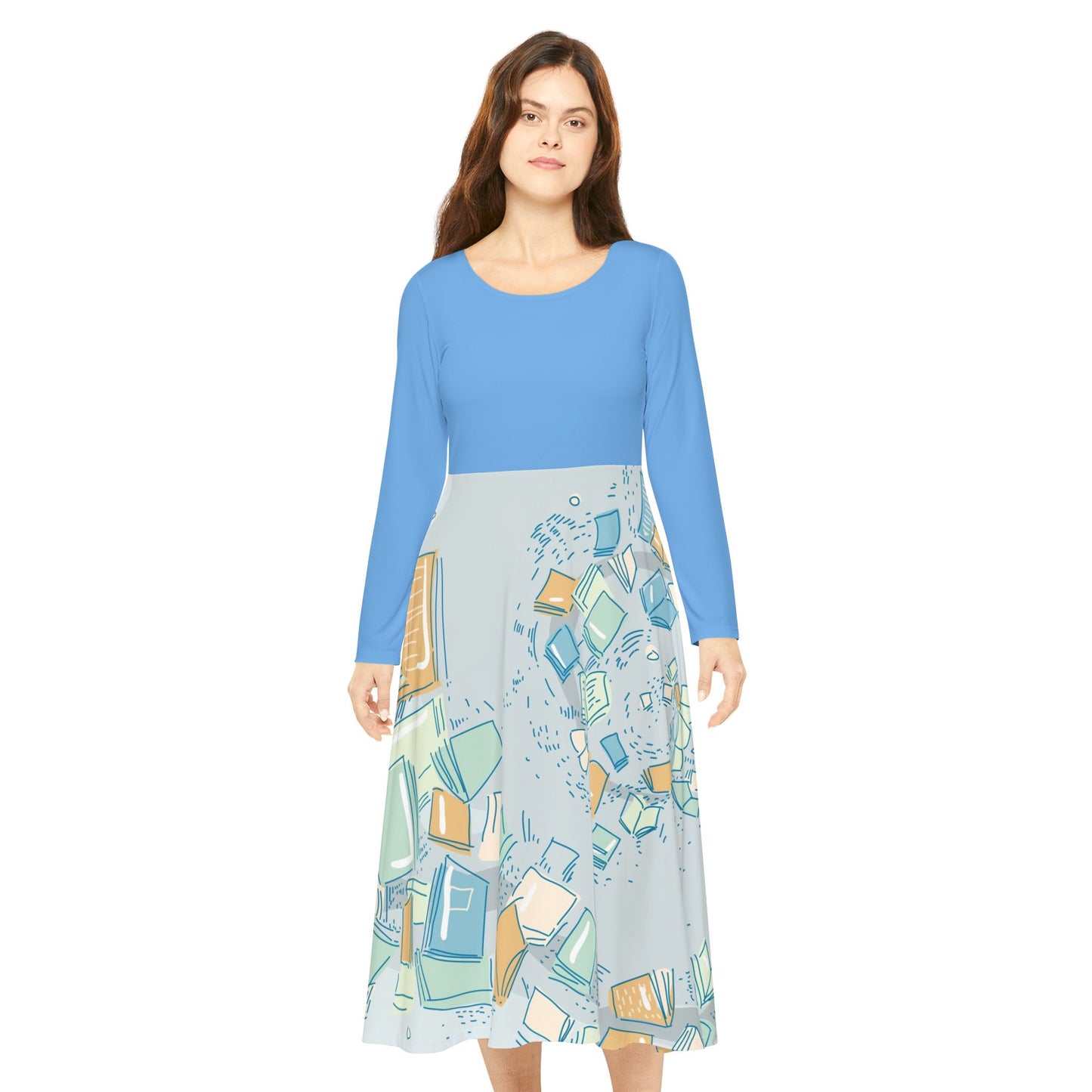 Scattered Books Print Dress | Long Sleeve Dance Dress