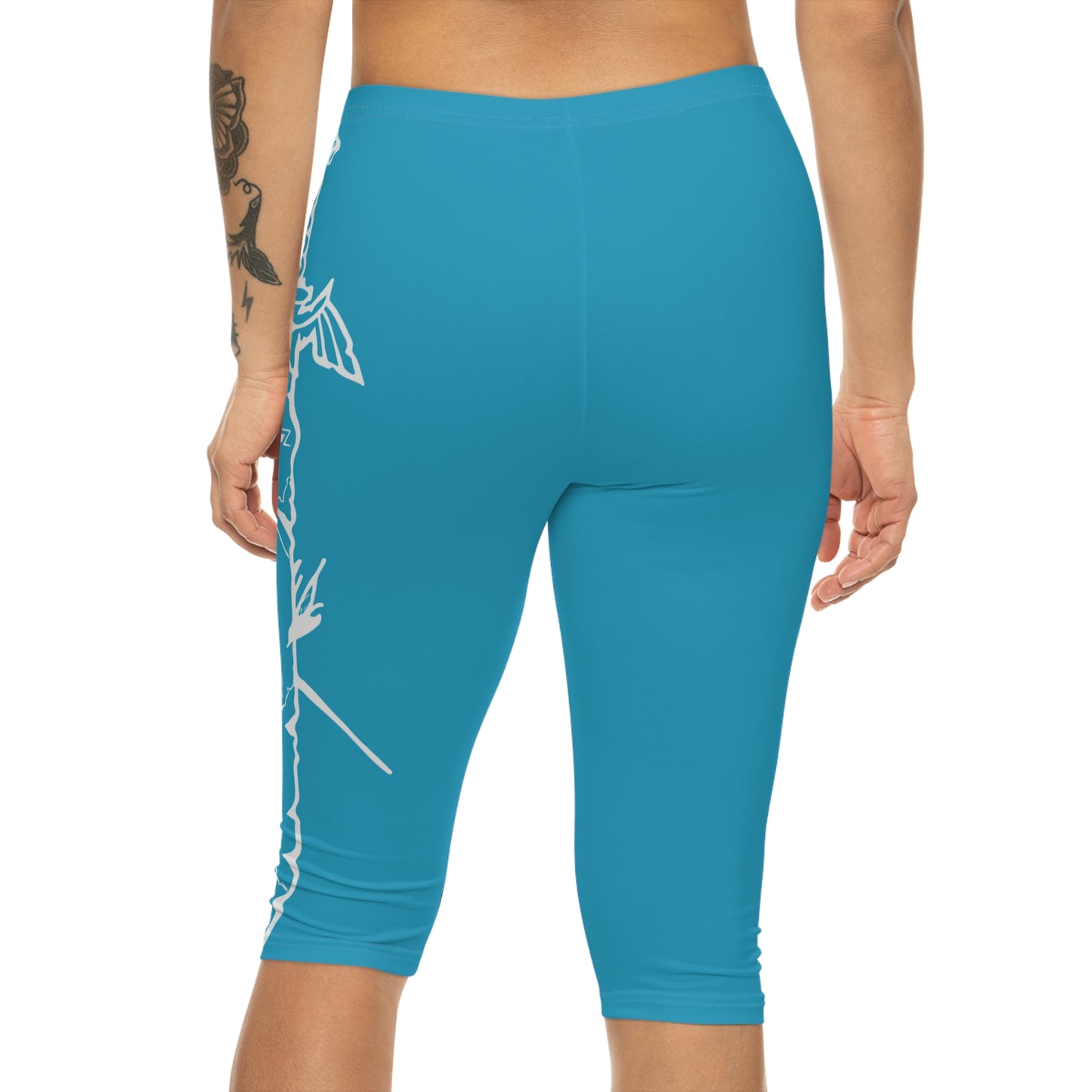 White Floral Vine Capri Leggings | Teal Blue Capri
