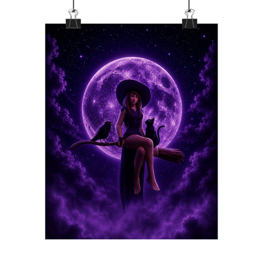 Purple Witch on Broom Poster | Matte Vertical Poster, Moonlit Cat & Raven