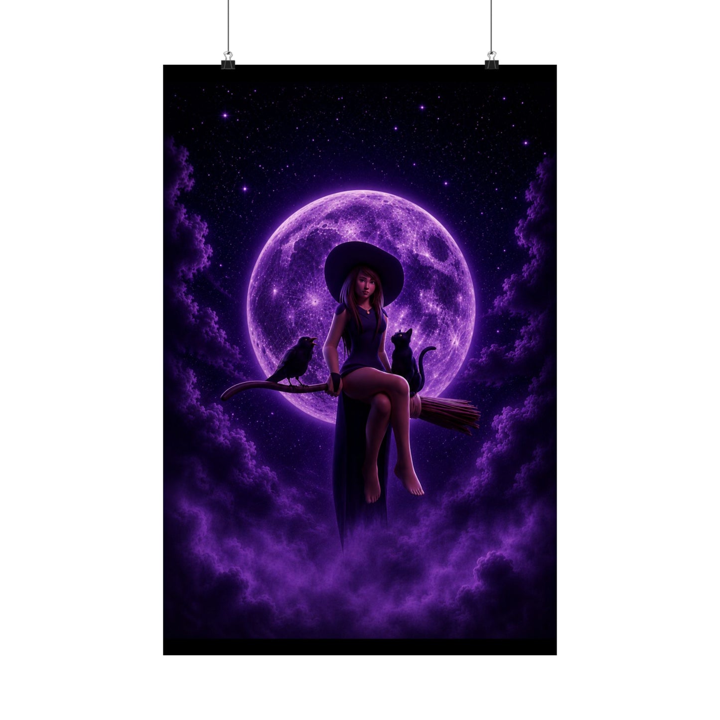 Purple Witch on Broom Poster | Matte Vertical Poster, Moonlit Cat & Raven