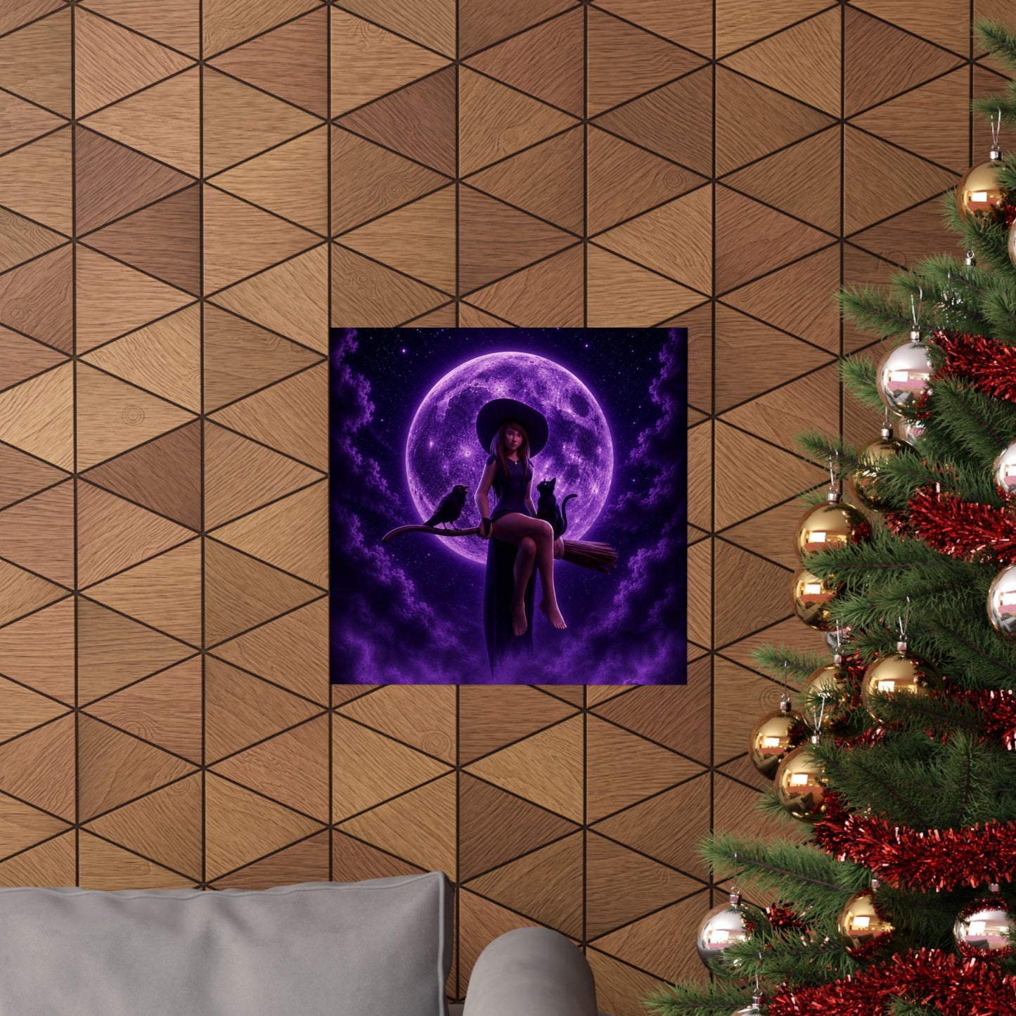 Purple Witch on Broom Poster | Matte Vertical Poster, Moonlit Cat & Raven