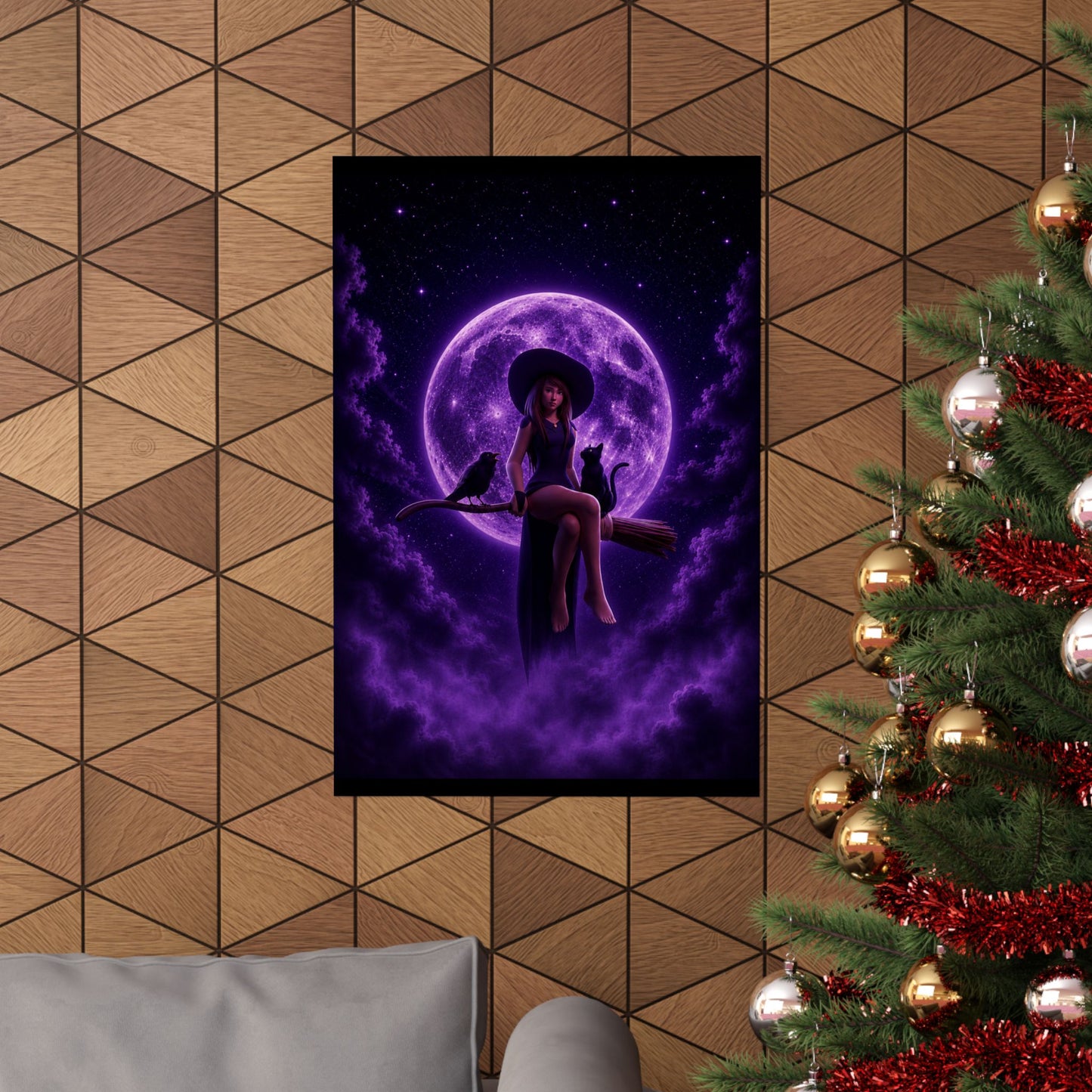 Purple Witch on Broom Poster | Matte Vertical Poster, Moonlit Cat & Raven