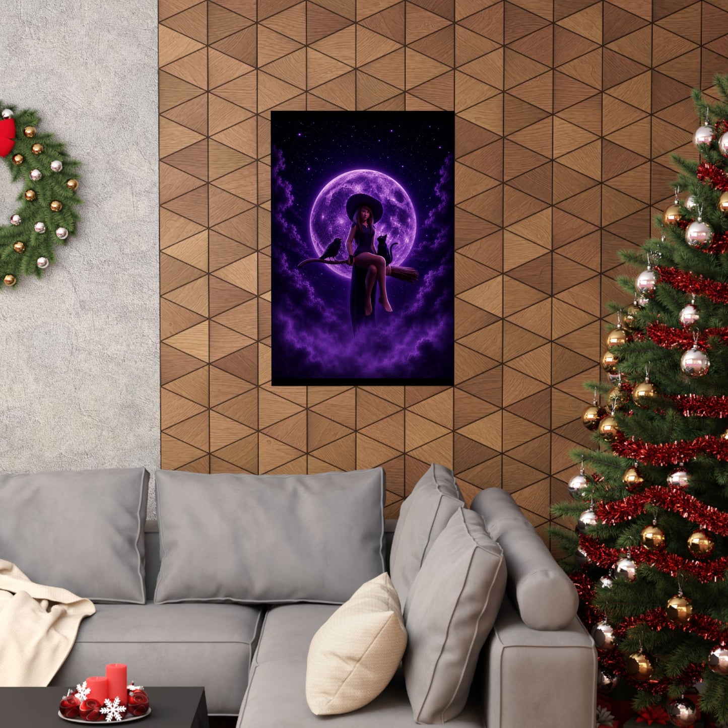 Purple Witch on Broom Poster | Matte Vertical Poster, Moonlit Cat & Raven