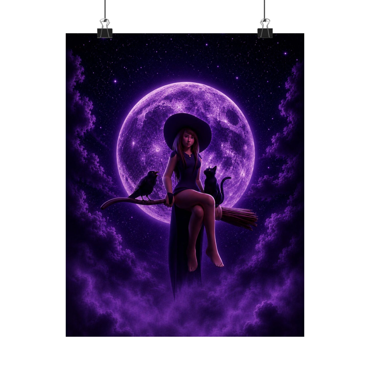 Purple Witch on Broom Poster | Matte Vertical Poster, Moonlit Cat & Raven