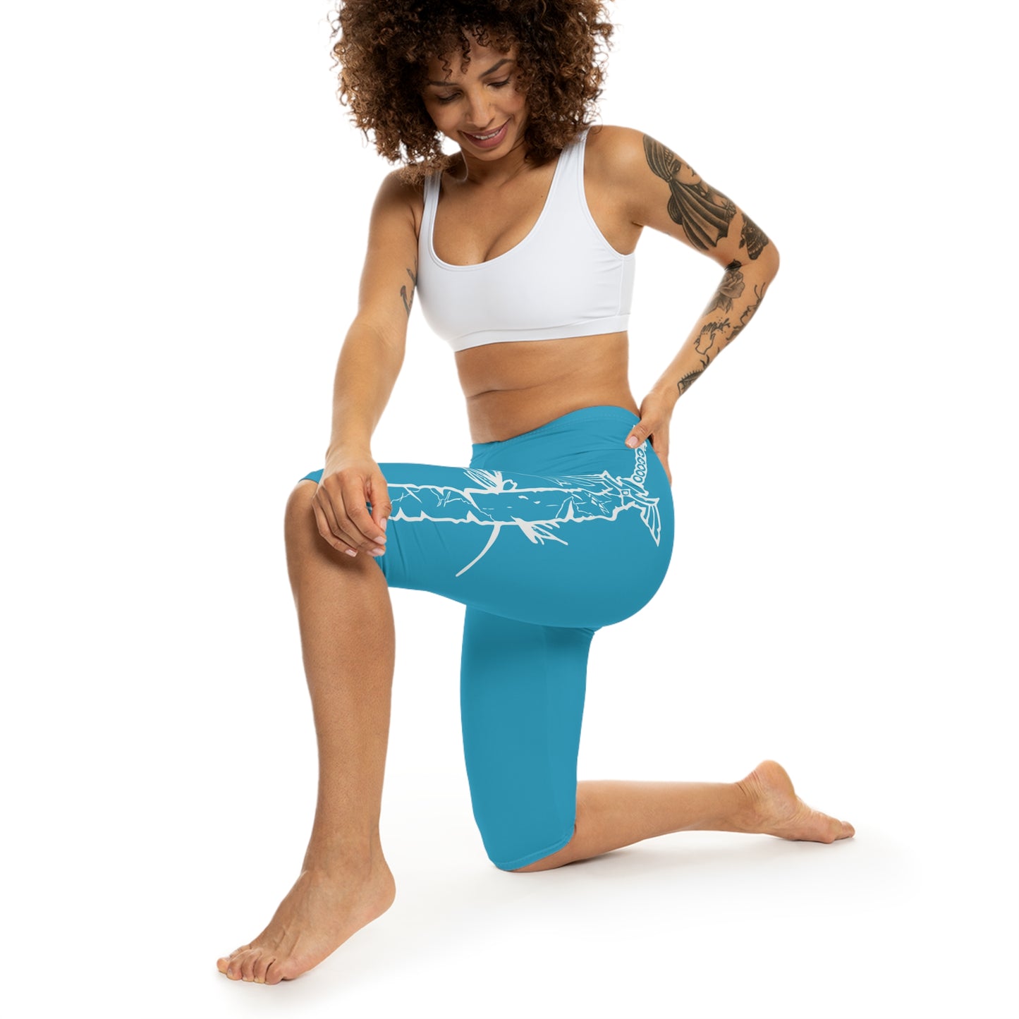 White Floral Vine Capri Leggings | Teal Blue Capri