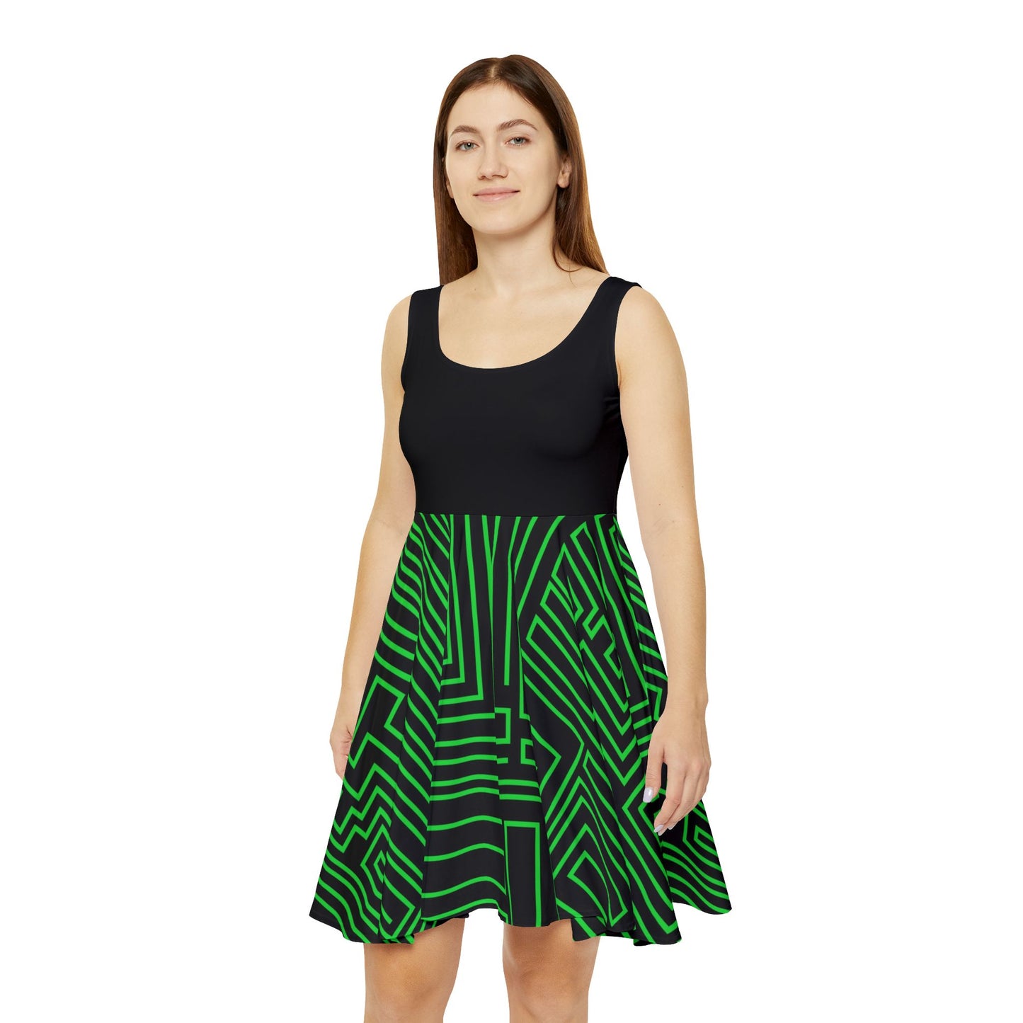 Green Geometric Maze Pattern Women's Skater Dress | Abstract Line Print