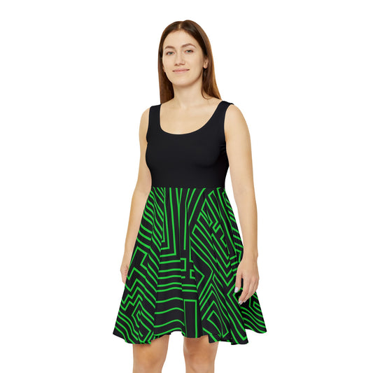 Green Geometric Maze Pattern Women's Skater Dress | Abstract Line Print