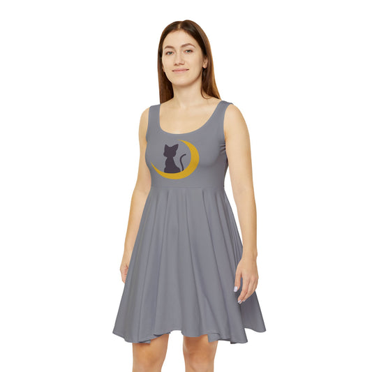 Cat on Crescent Moon Women's Skater Dress | Moon Cat Dress