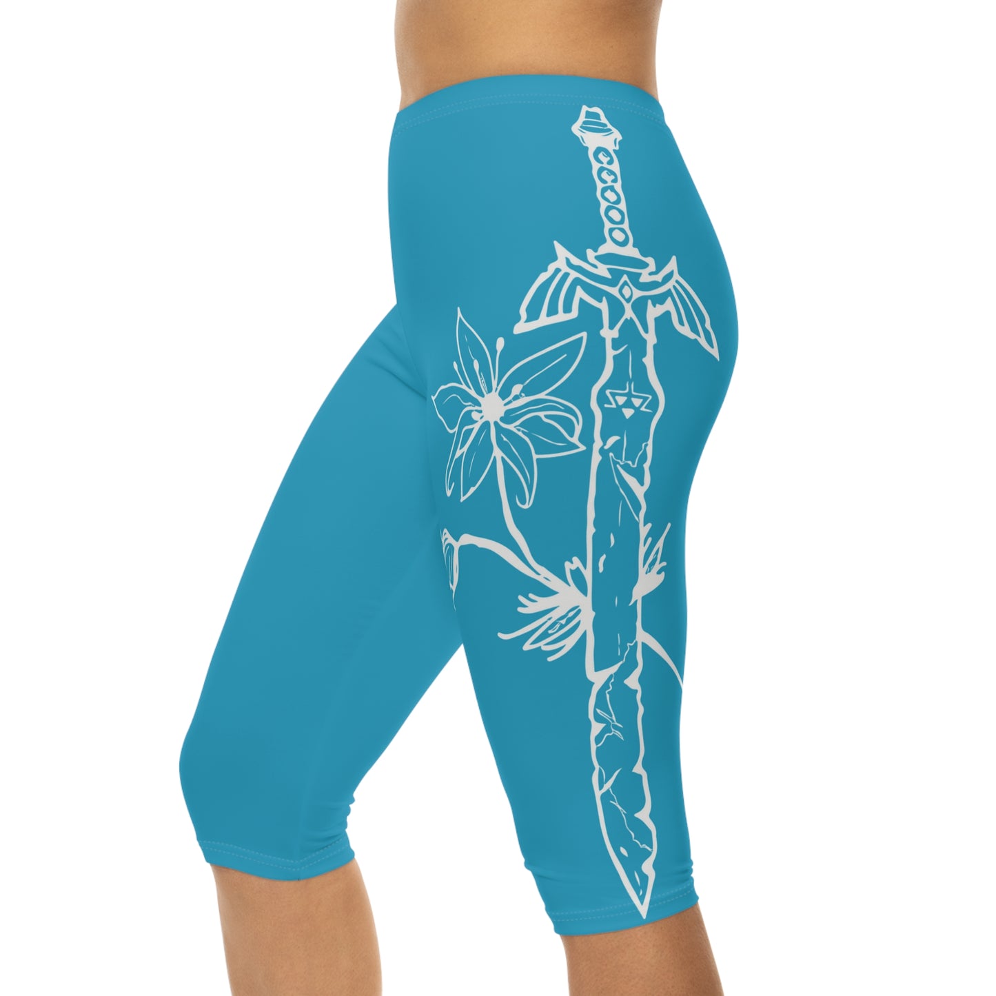 White Floral Vine Capri Leggings | Teal Blue Capri
