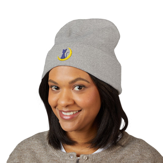 Cat on Crescent Moon Beanie, Embroidered Cuffed Beanie