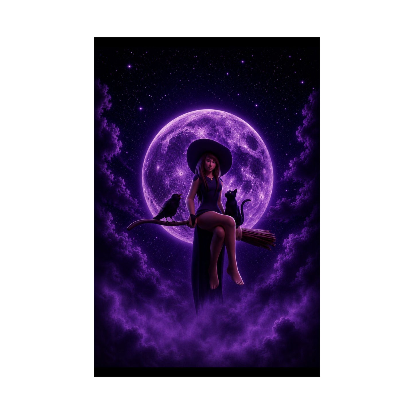 Purple Witch on Broom Poster | Matte Vertical Poster, Moonlit Cat & Raven