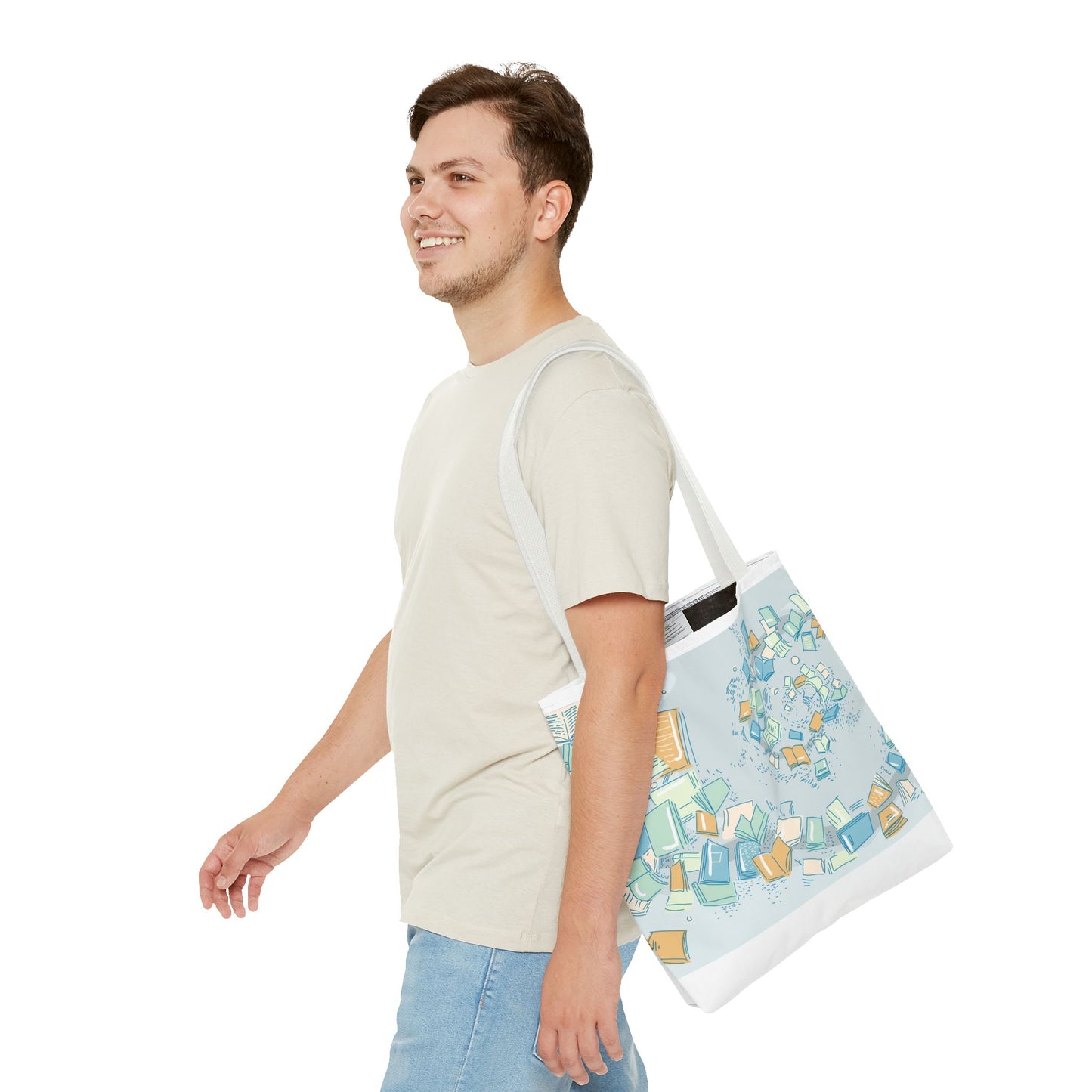 Floating Books Illustration Tote Bag | Booklover Library Pattern