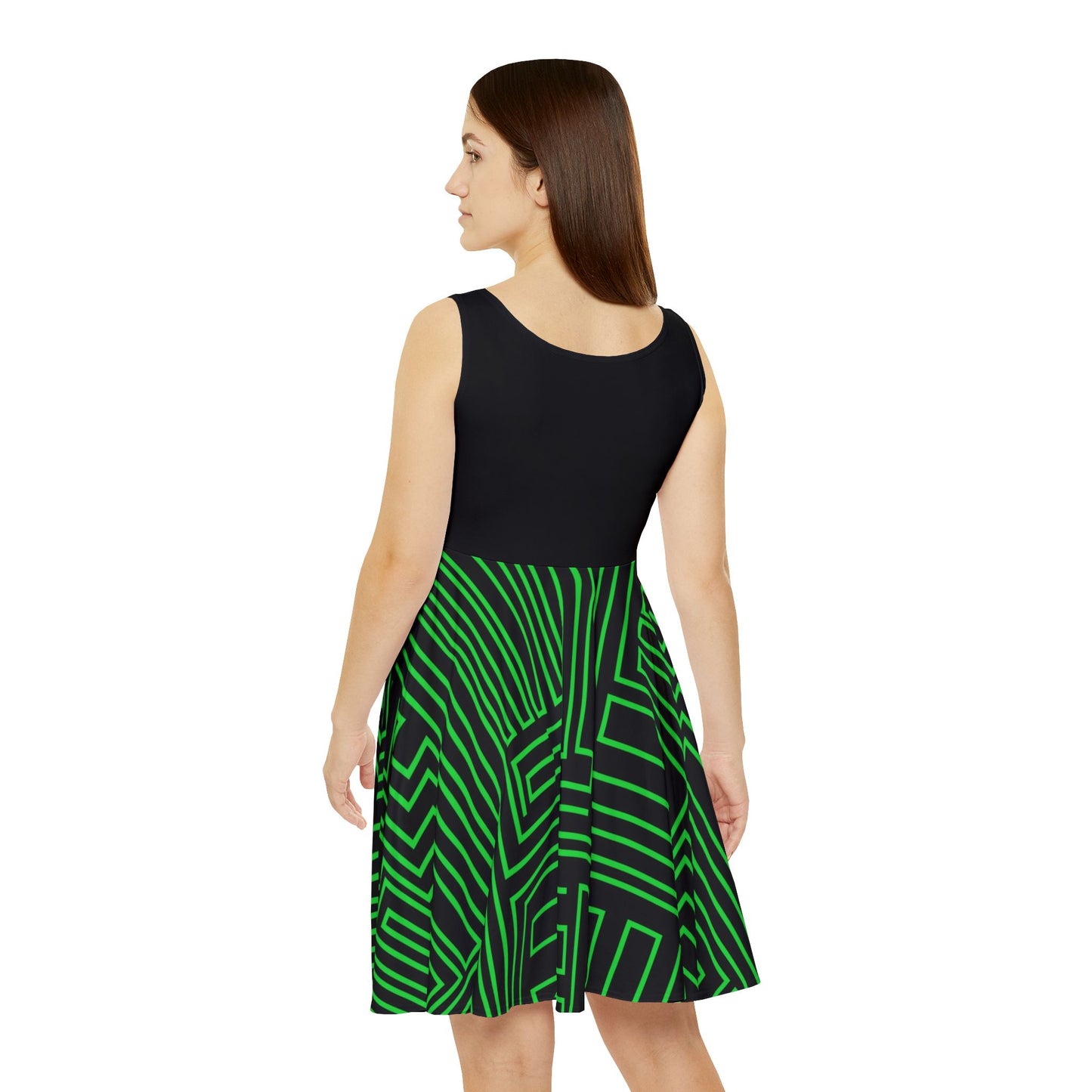 Green Geometric Maze Pattern Women's Skater Dress | Abstract Line Print