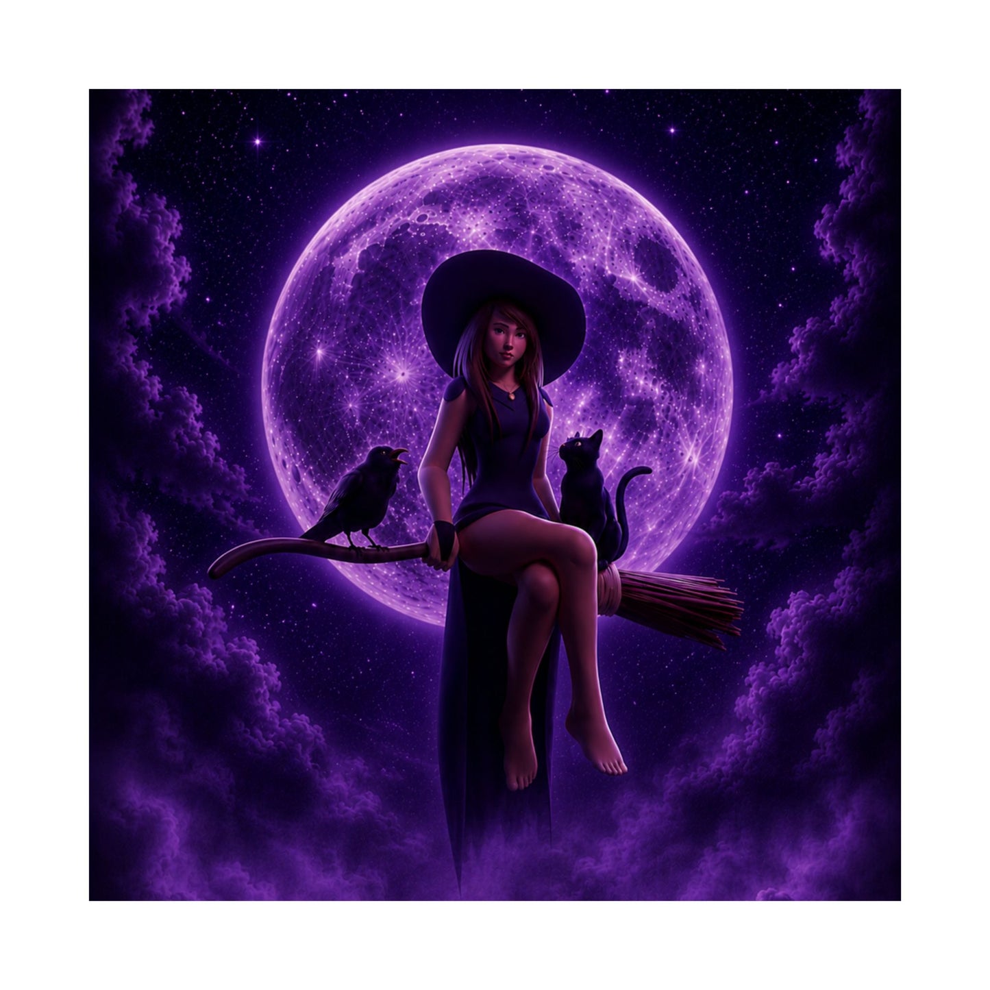 Purple Witch on Broom Poster | Matte Vertical Poster, Moonlit Cat & Raven