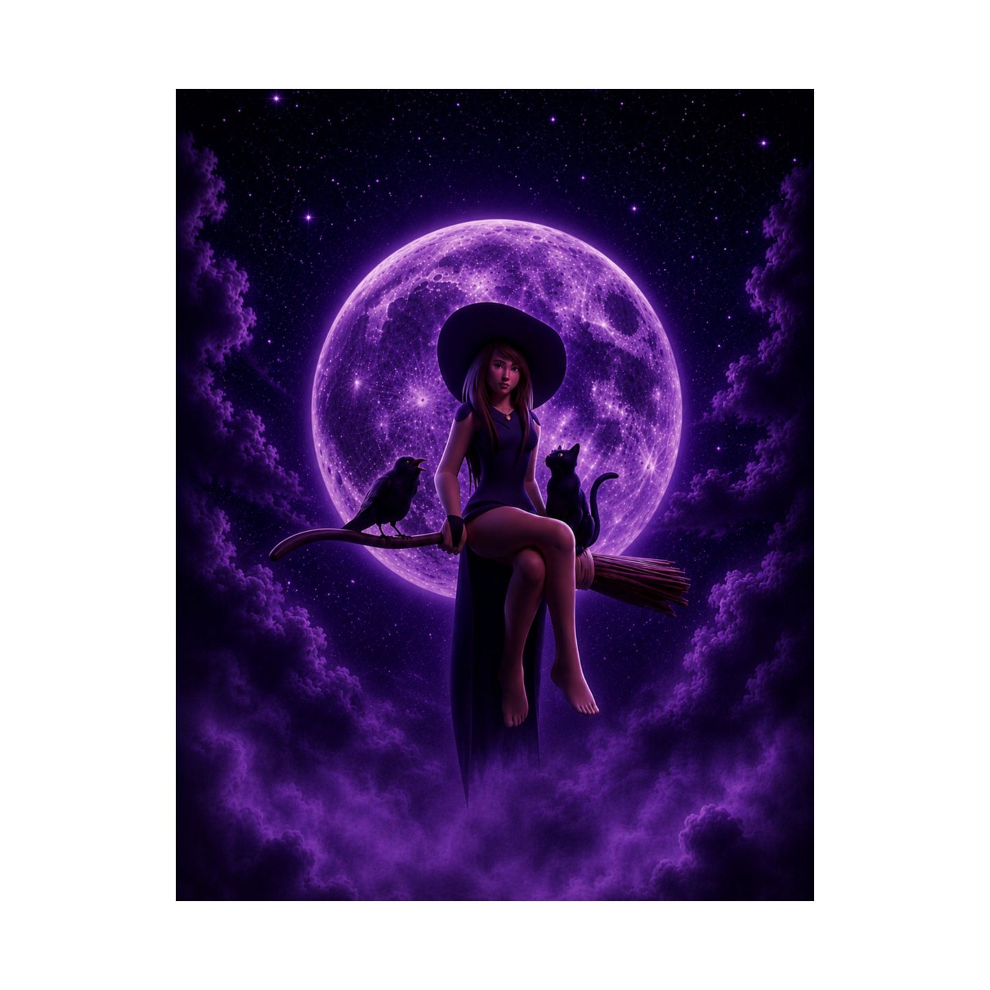 Purple Witch on Broom Poster | Matte Vertical Poster, Moonlit Cat & Raven