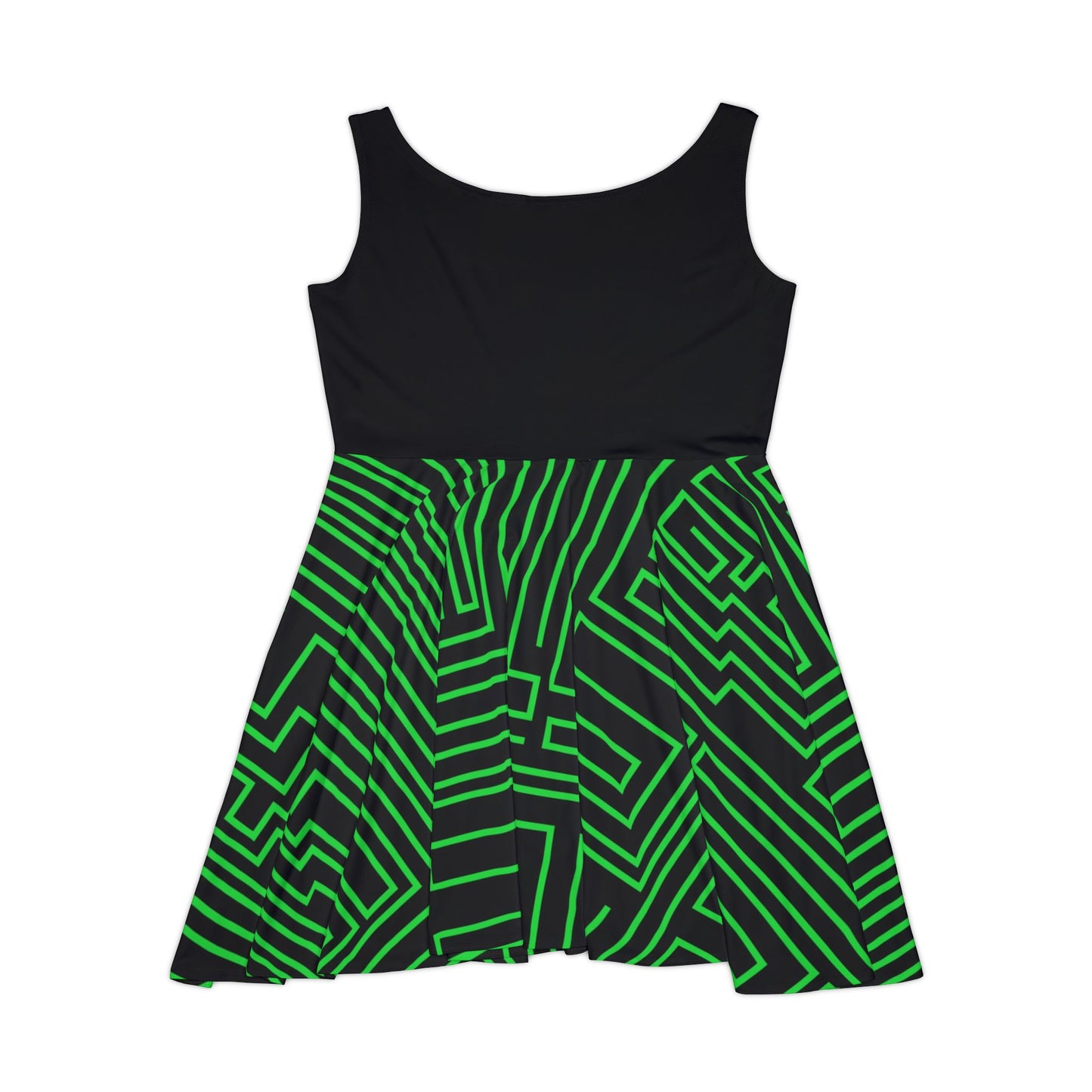 Green Geometric Maze Pattern Women's Skater Dress | Abstract Line Print