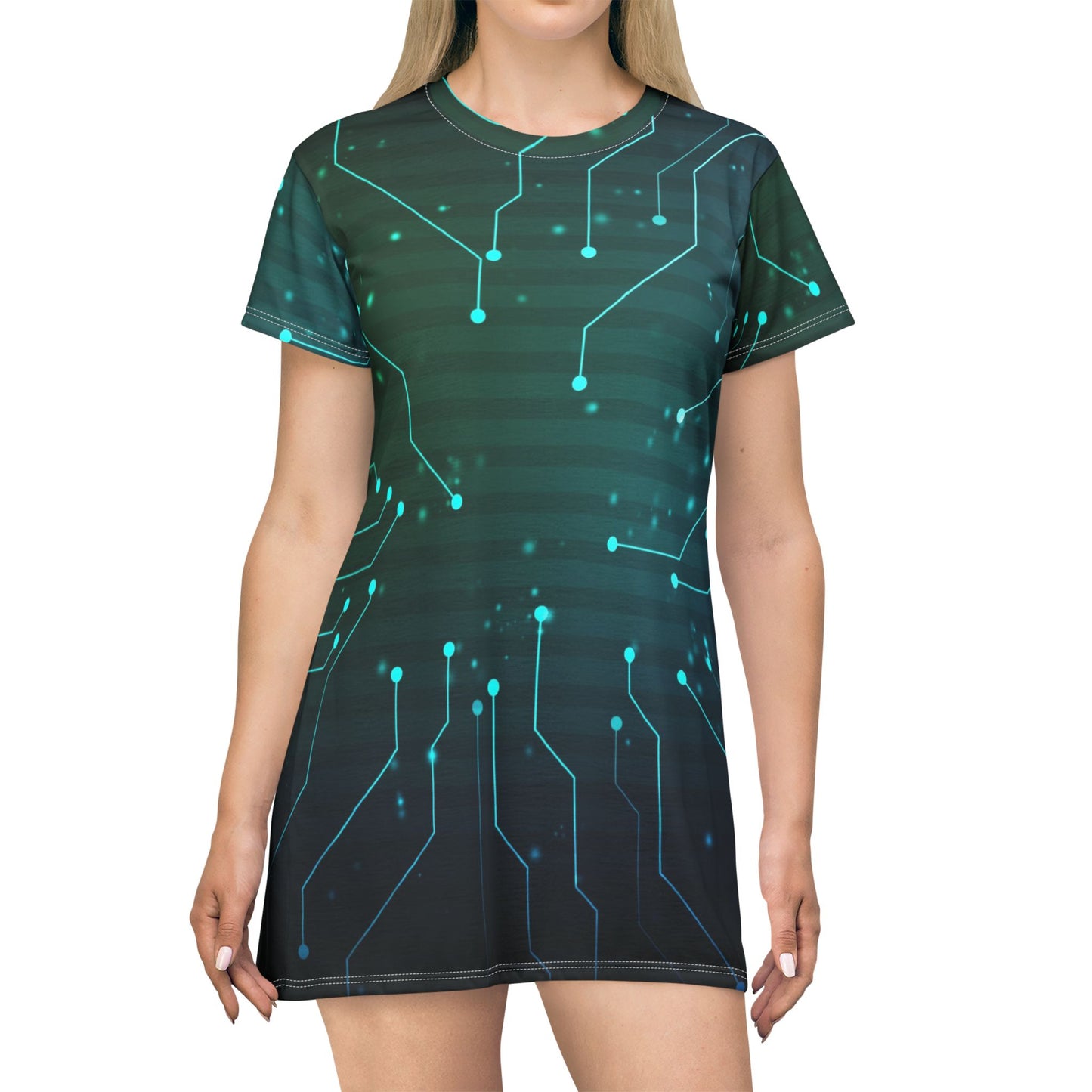 Circuit Board Pattern T-Shirt Dress | Tech Neon Circuitry AOP