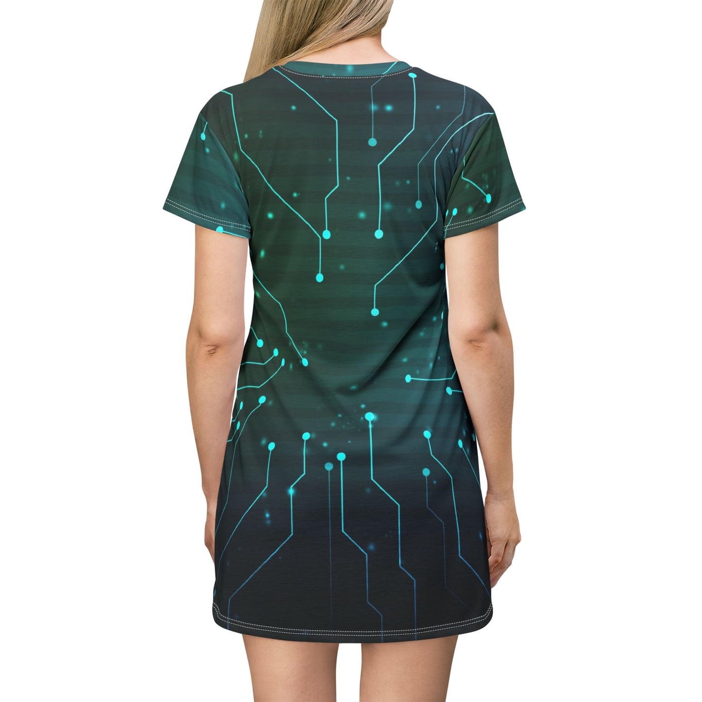 Circuit Board Pattern T-Shirt Dress | Tech Neon Circuitry AOP