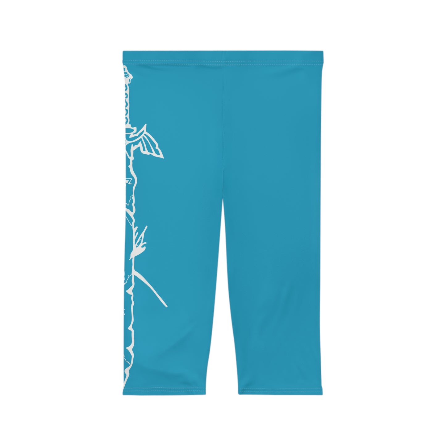 White Floral Vine Capri Leggings | Teal Blue Capri