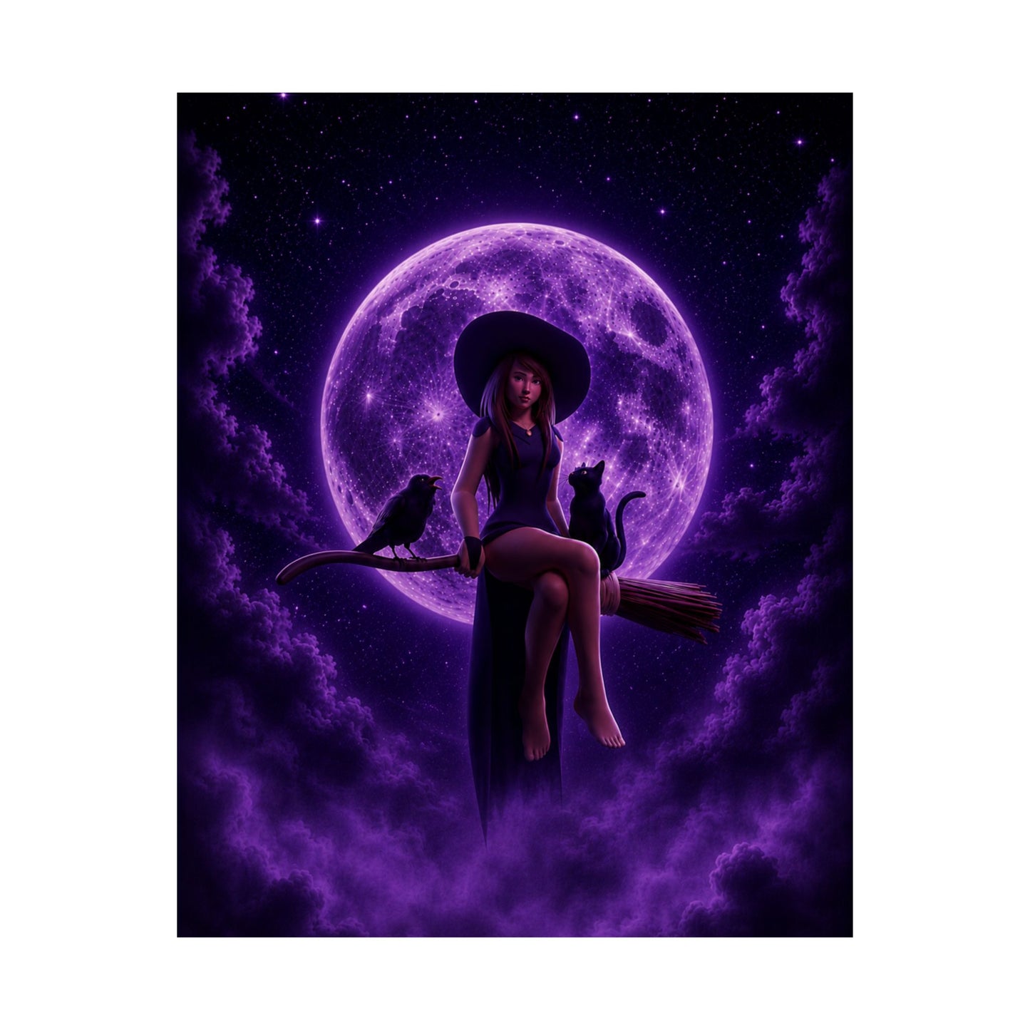 Purple Witch on Broom Poster | Matte Vertical Poster, Moonlit Cat & Raven