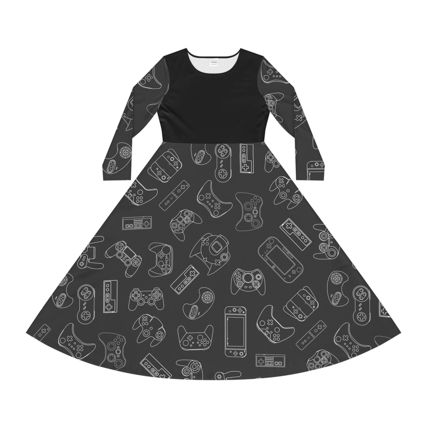 Video Game Controllers Pattern Women's Long Sleeve Dress | Gamer Console Print