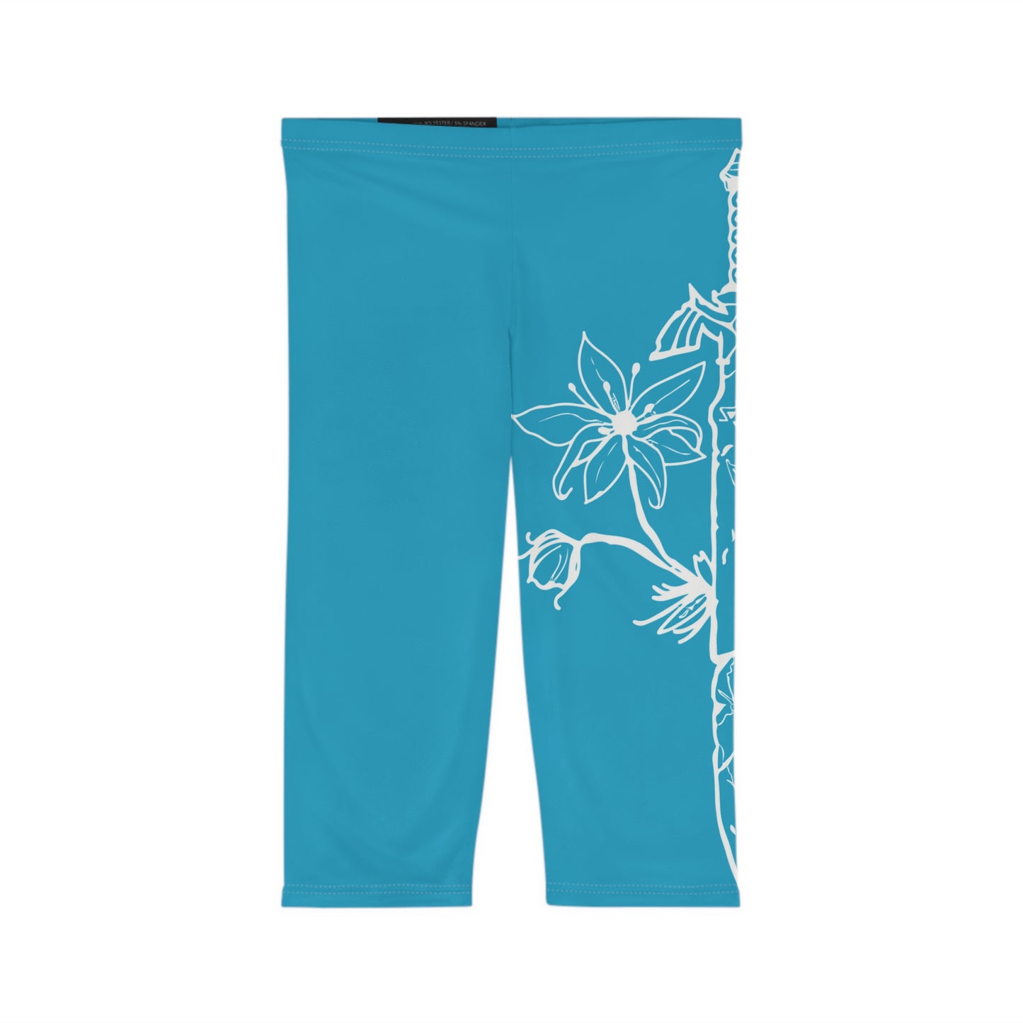 White Floral Vine Capri Leggings | Teal Blue Capri