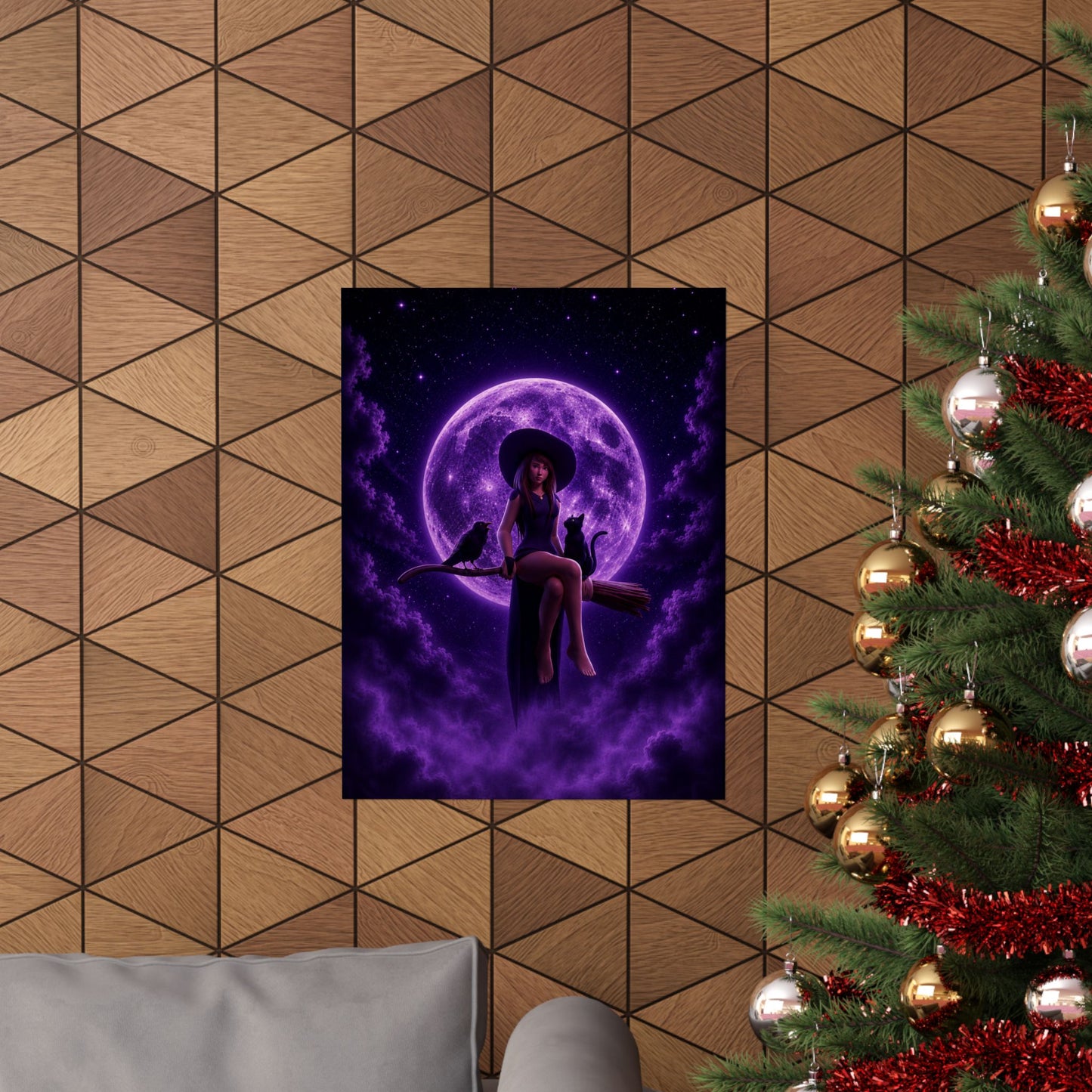 Purple Witch on Broom Poster | Matte Vertical Poster, Moonlit Cat & Raven
