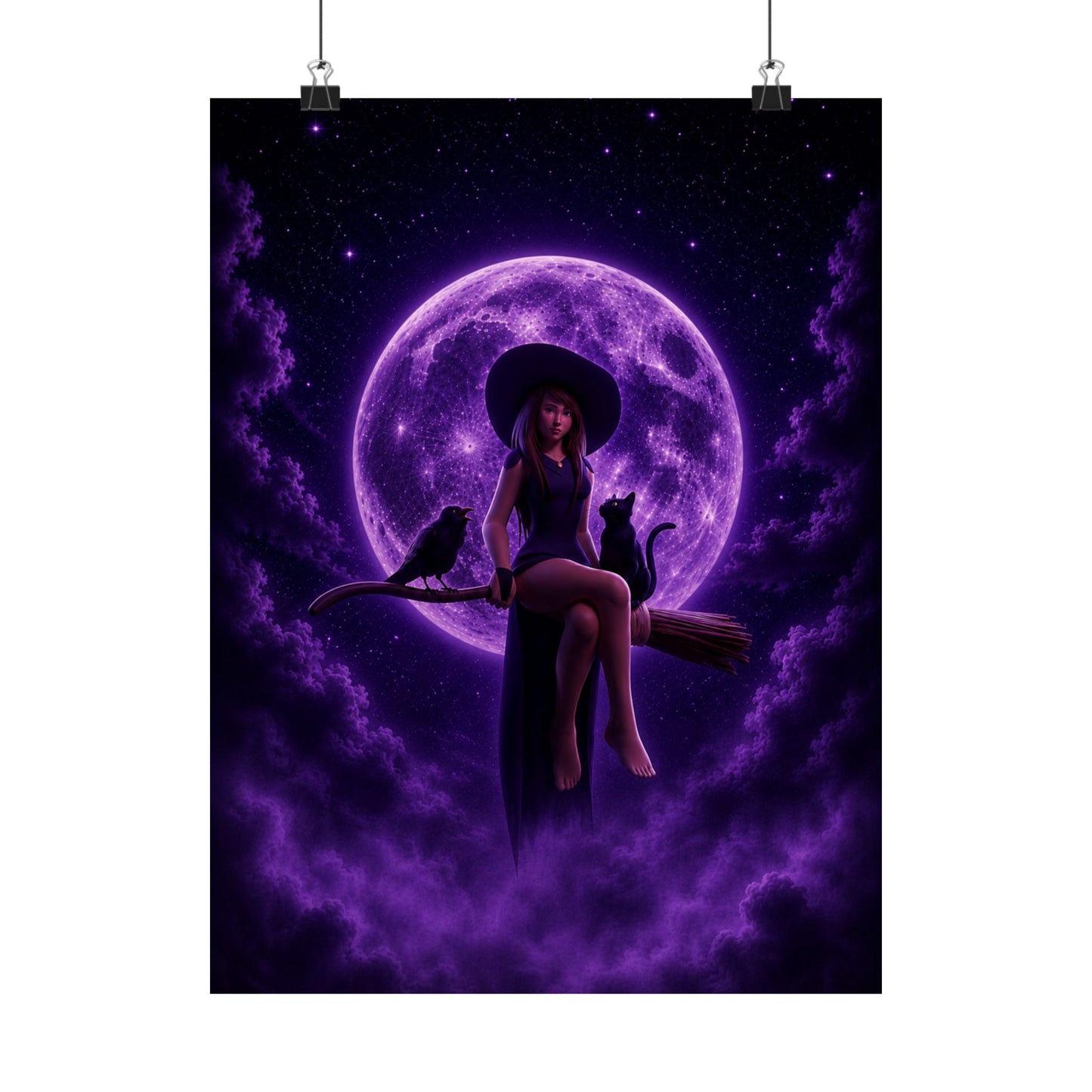 Purple Witch on Broom Poster | Matte Vertical Poster, Moonlit Cat & Raven