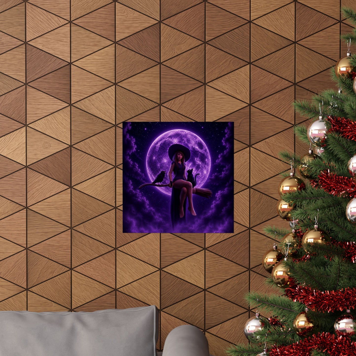 Purple Witch on Broom Poster | Matte Vertical Poster, Moonlit Cat & Raven