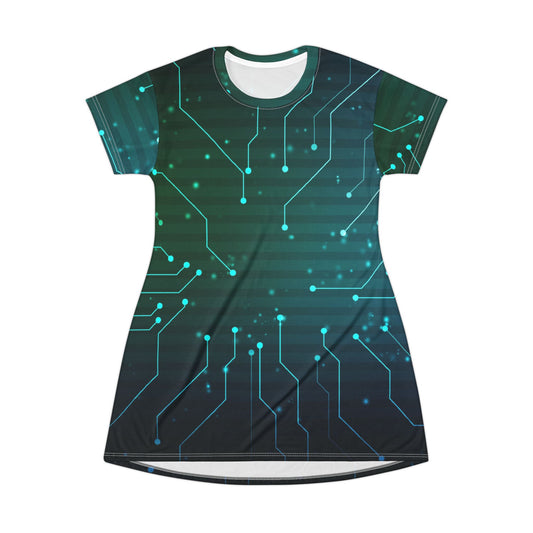 Circuit Board Pattern T-Shirt Dress | Tech Neon Circuitry AOP