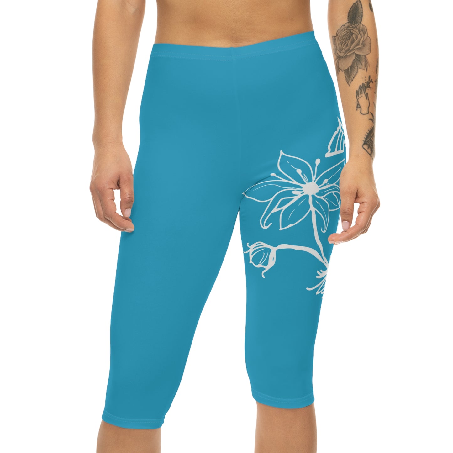 White Floral Vine Capri Leggings | Teal Blue Capri