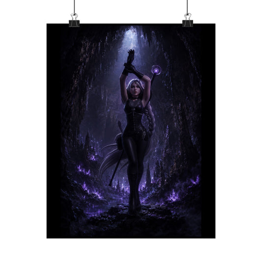Dark Sorceress Matte Poster — Gothic Fantasy Vertical Wall Art (Purple Magic)