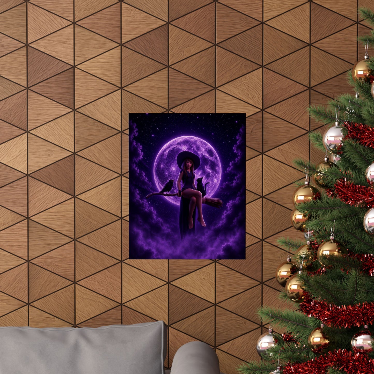 Purple Witch on Broom Poster | Matte Vertical Poster, Moonlit Cat & Raven